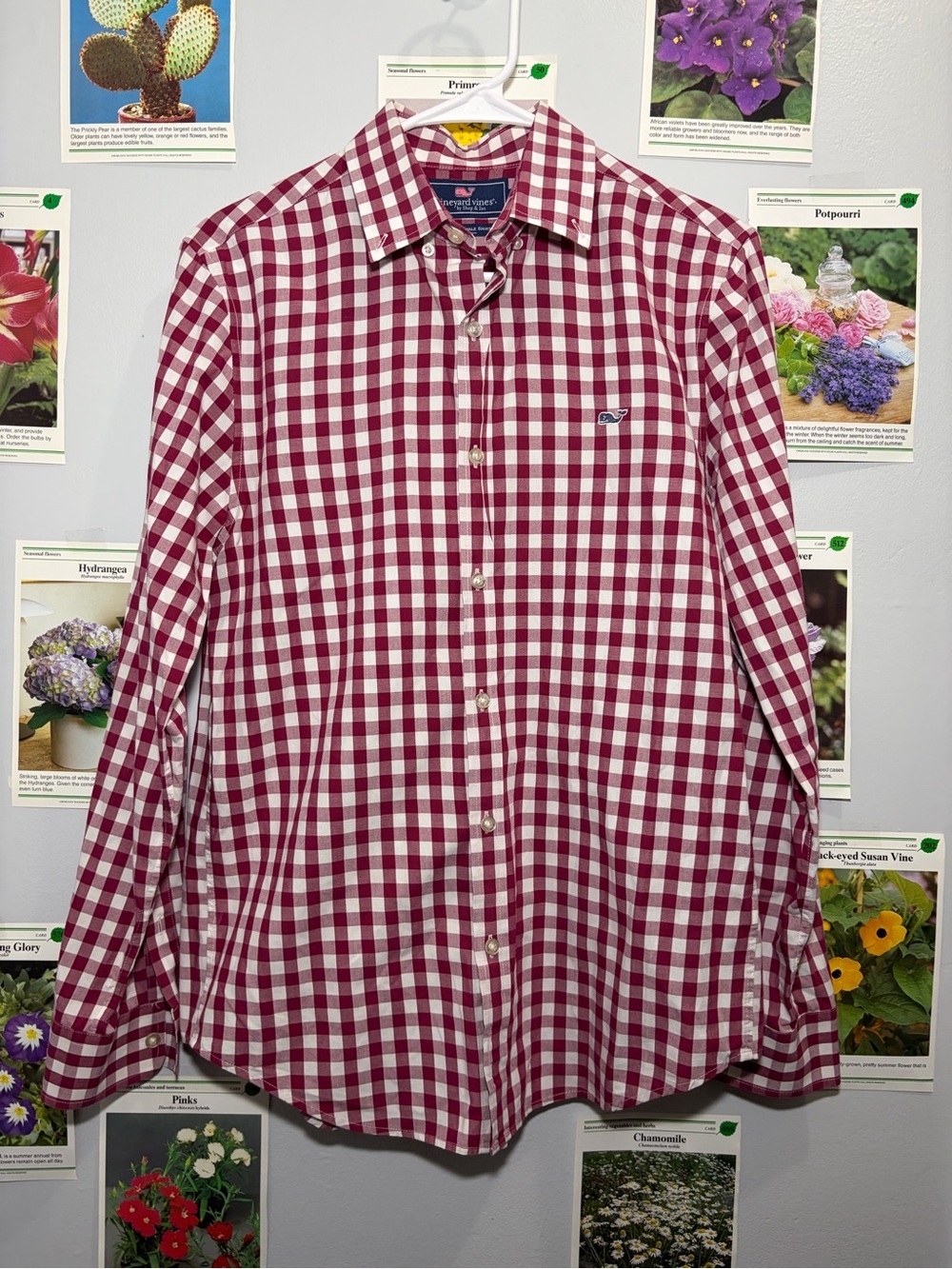 Vineyard Vines Men’s Burgundy and White Gingham Button-Down Shirt
